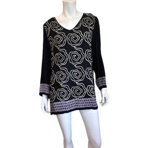 Harshita Silk Black White Geometric Design Long Sleeve Tunic Made in USA sz M